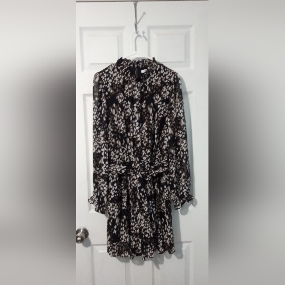 Nine West Black and White Asymmetrical dress with Flutter Hem, Belted